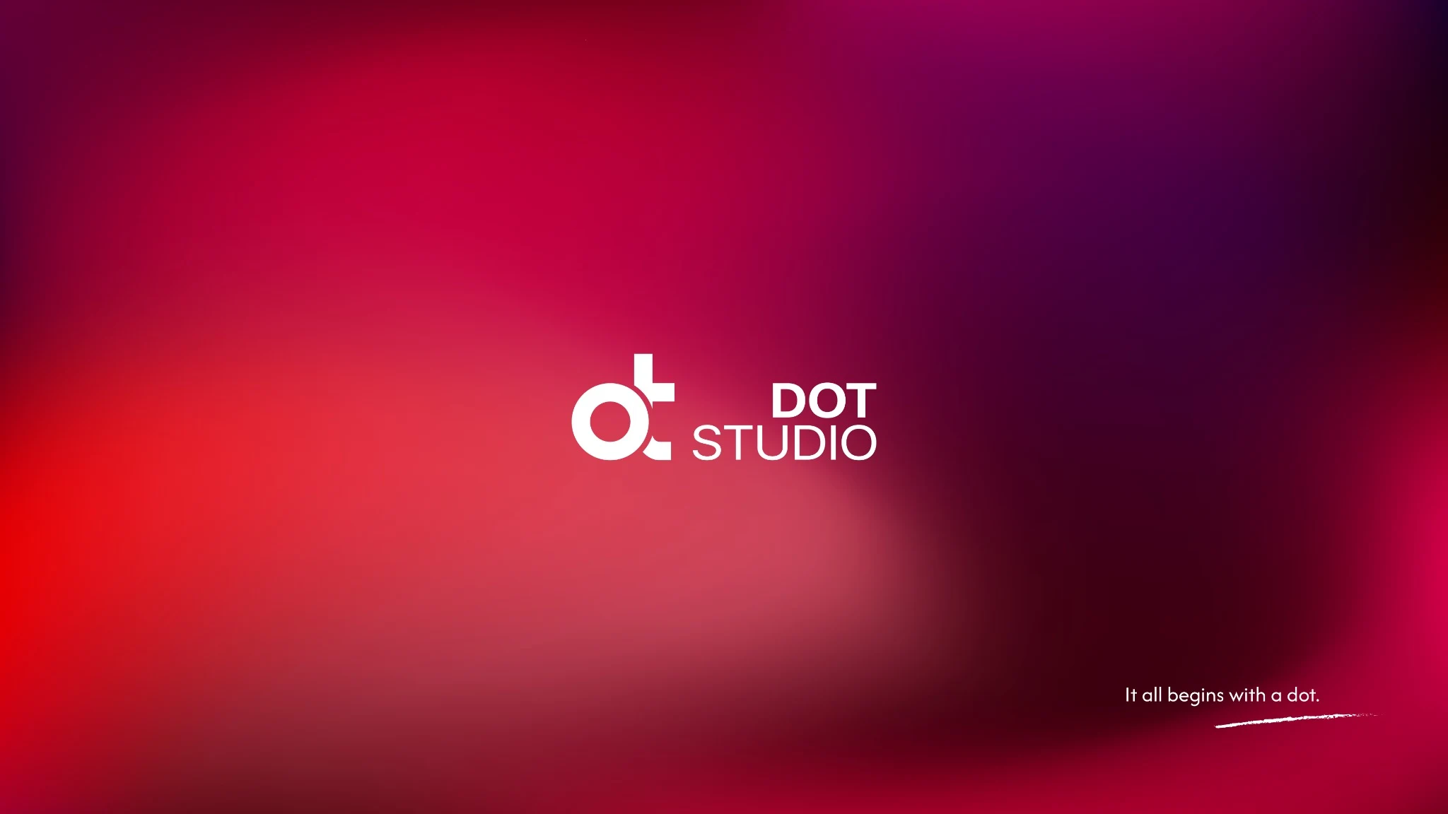 Identidad DOT Studio sobre un fondo de luces rojas y magenta. It all begins with a dot.